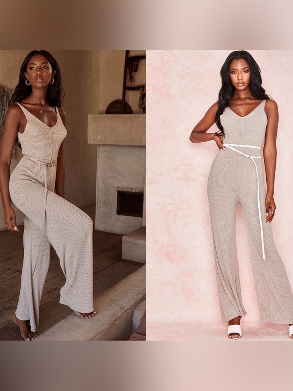House of CB “Evana” Stone Ribbed V-Neck Wide-Leg Jumpsuit